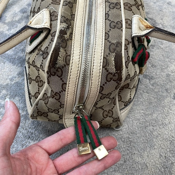 Vintage Gucci Princy GG Monogram Logo Sherry Line Web Shoulder Bag Tan Ivory - Picture 9 of 17